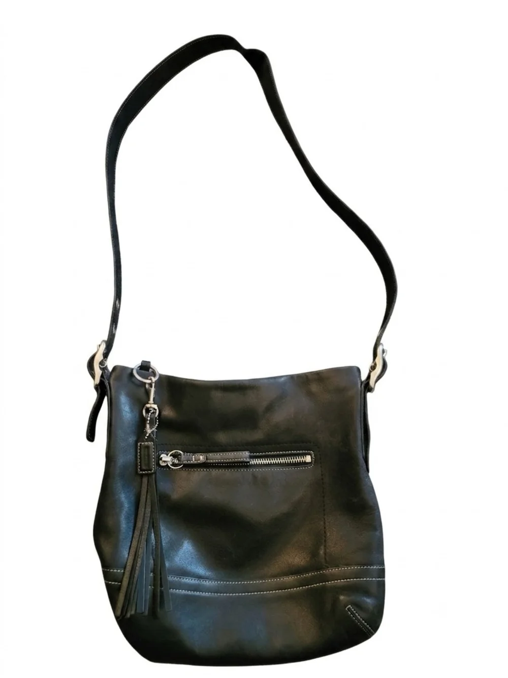 Vintage Coach Black Leather Shoulder Bag with Tassel Charm